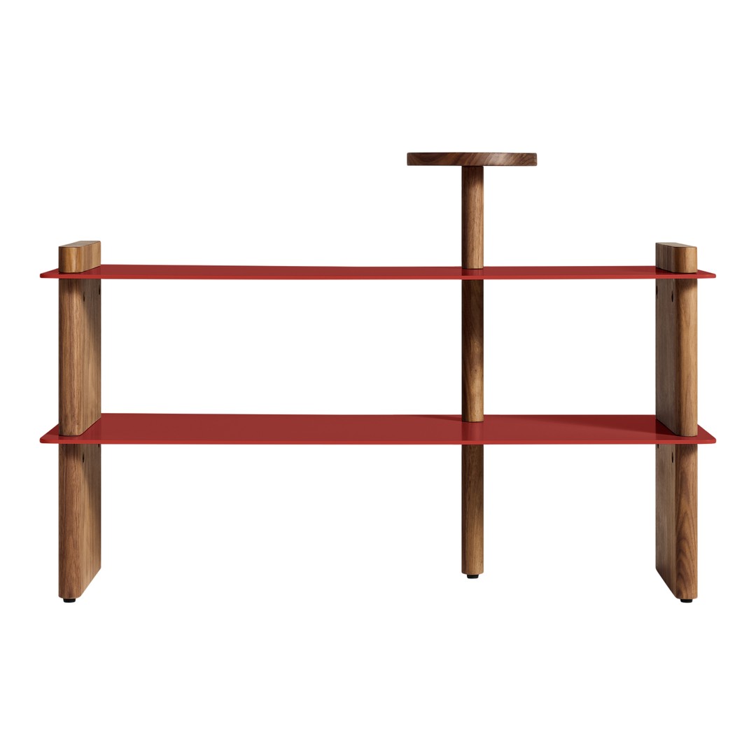 Red shelves with natural wood legs, featuring a minimalist design and modern aesthetic. Perfect for contemporary spaces.