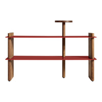 Red shelves with natural wood legs, featuring a minimalist design and modern aesthetic. Perfect for contemporary spaces.