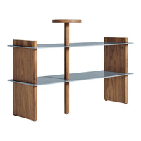 Mid-century modern shelf featuring rich walnut wood and sleek blue glass shelves, blending warmth with cool elegance.