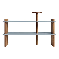 Modern wooden shelf with light blue glass shelves and natural wood accents. Minimalist design showcasing clean lines.