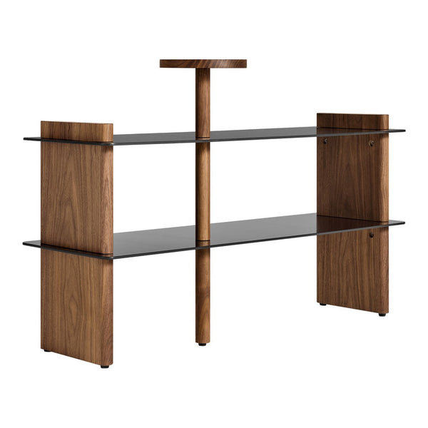 Stylish wooden shelf with dark glass shelves, featuring rich walnut tones and sleek, modern lines.