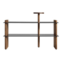 Modern wooden shelf with rich brown accents and sleek black glass surfaces. Ideal for stylish home decor.