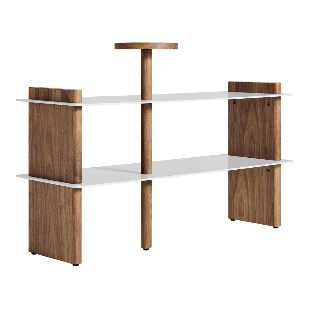 Modern wooden shelf with walnut finish and sleek white shelves, featuring a minimalist design for stylish decor.