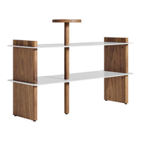 Modern wooden shelf with walnut finish and sleek white shelves, featuring a minimalist design for stylish decor.