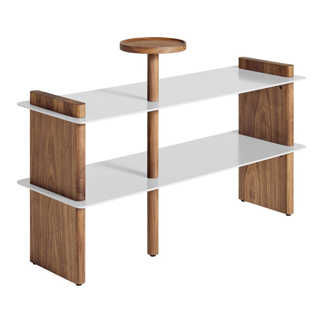 Modern wooden shelf with walnut finishes and sleek white shelves, featuring a minimalist design.