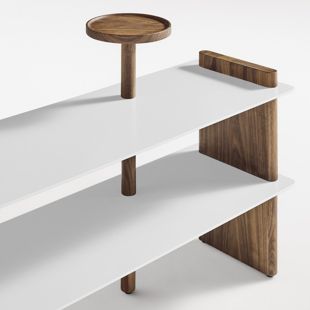 Minimalist white shelf with warm walnut accents and a circular top, showcasing modern design and elegant contrast.