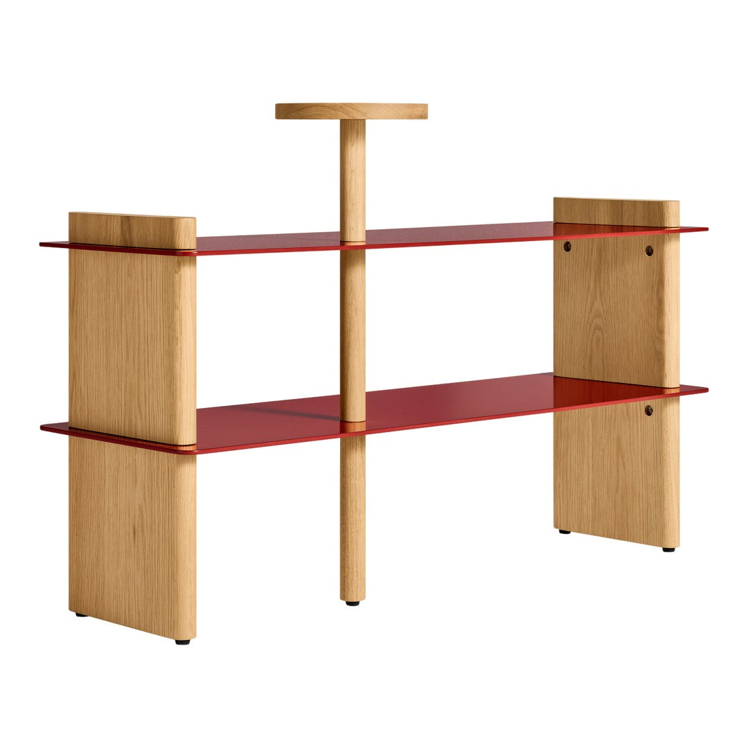 Modern wooden shelf with natural oak finish and vibrant red glass shelves, featuring sleek geometric lines.