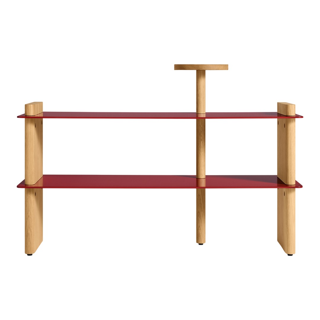 Modern shelving unit with red glass shelves and natural wood supports, featuring a minimalist design.