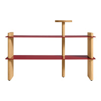Modern shelving unit with red glass shelves and natural wood supports, featuring a minimalist design.