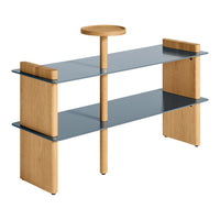 Modern oak wooden shelf with blue glass top. Sleek design featuring natural tones and minimalistic style.