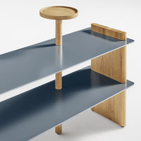 Modern open shelf with a sleek blue finish and natural wood accents, featuring smooth lines and a minimalist design.