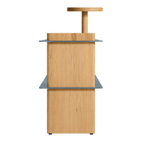 Light oak wood finish with a sleek, blue glass shelf. Modern design featuring natural tones and clean lines.