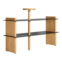 "Modern wooden shelf with natural oak finish and sleek black glass shelves, featuring clean lines and minimalistic design."