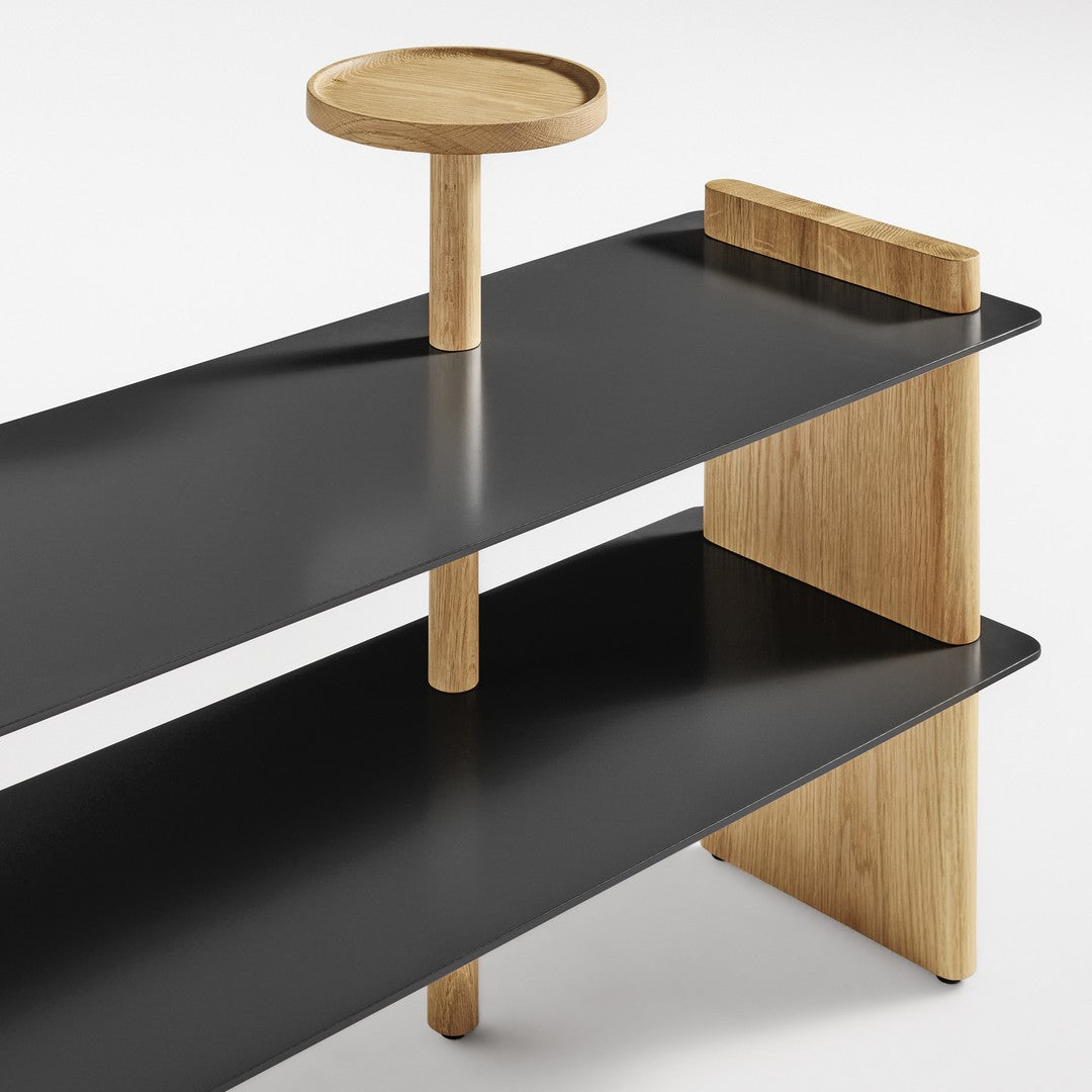 Black and natural wood shelving unit featuring clean lines and a minimalist design. Perfect for modern decor.