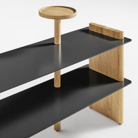 Black and natural wood shelving unit featuring clean lines and a minimalist design. Perfect for modern decor.
