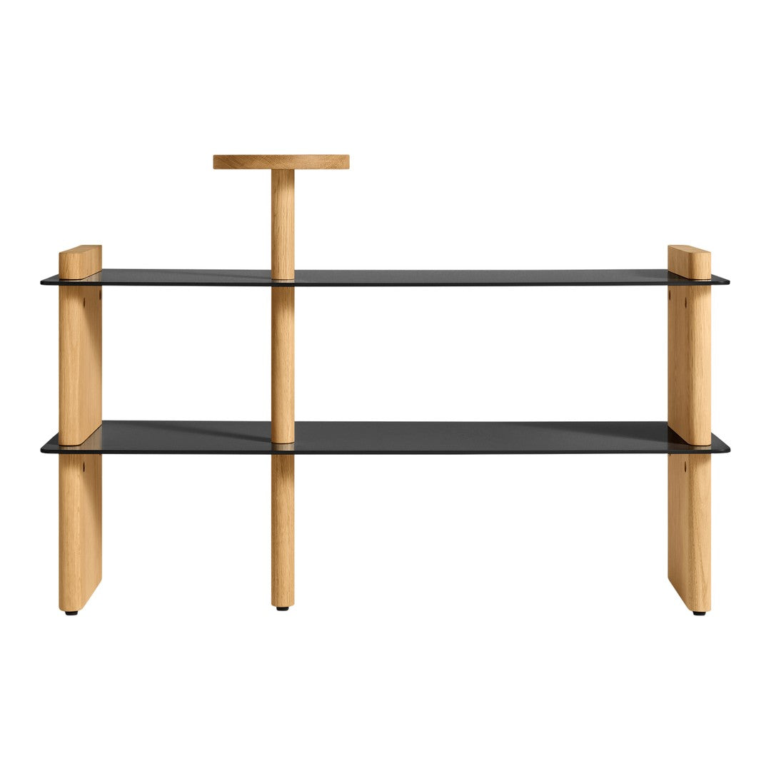 Modern shelving unit with natural wood finish and sleek black glass shelves, featuring a minimalist design.