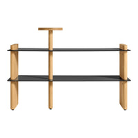 Modern shelving unit with natural wood finish and sleek black glass shelves, featuring a minimalist design.