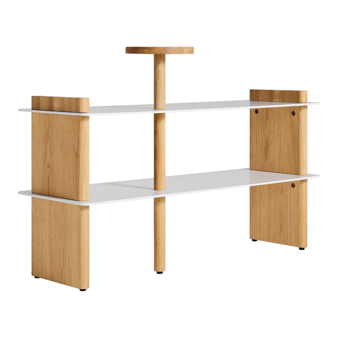 Light wood accents with a white shelving surface, featuring a modern minimalist design. Perfect for contemporary spaces.