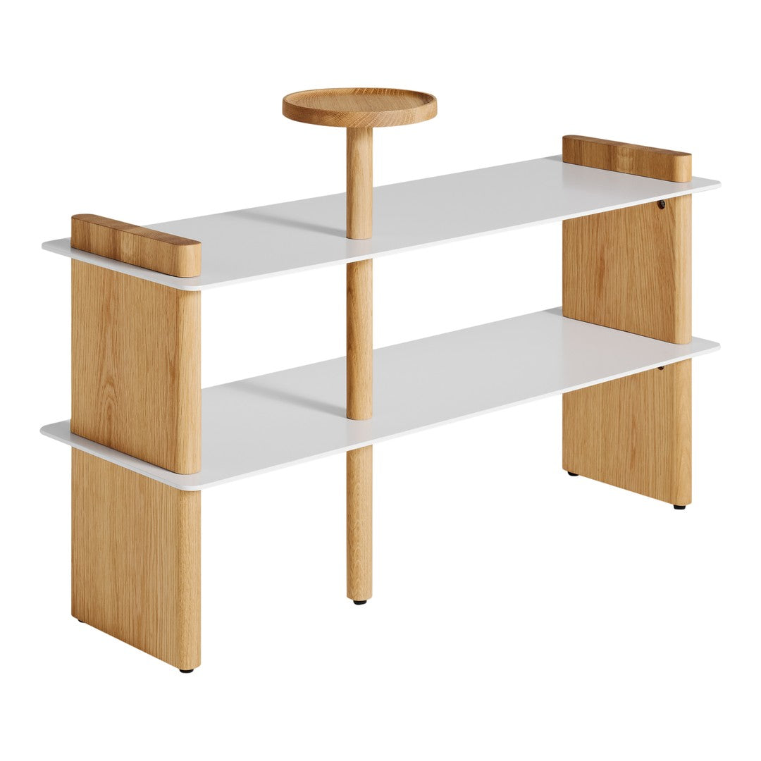 Modern white and natural oak bookshelf with minimalist design and sleek lines, featuring two sturdy shelves.