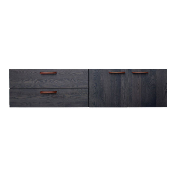 Dark gray wooden dresser with subtle grain patterns and sleek brown handles, featuring two drawers and two cabinets.