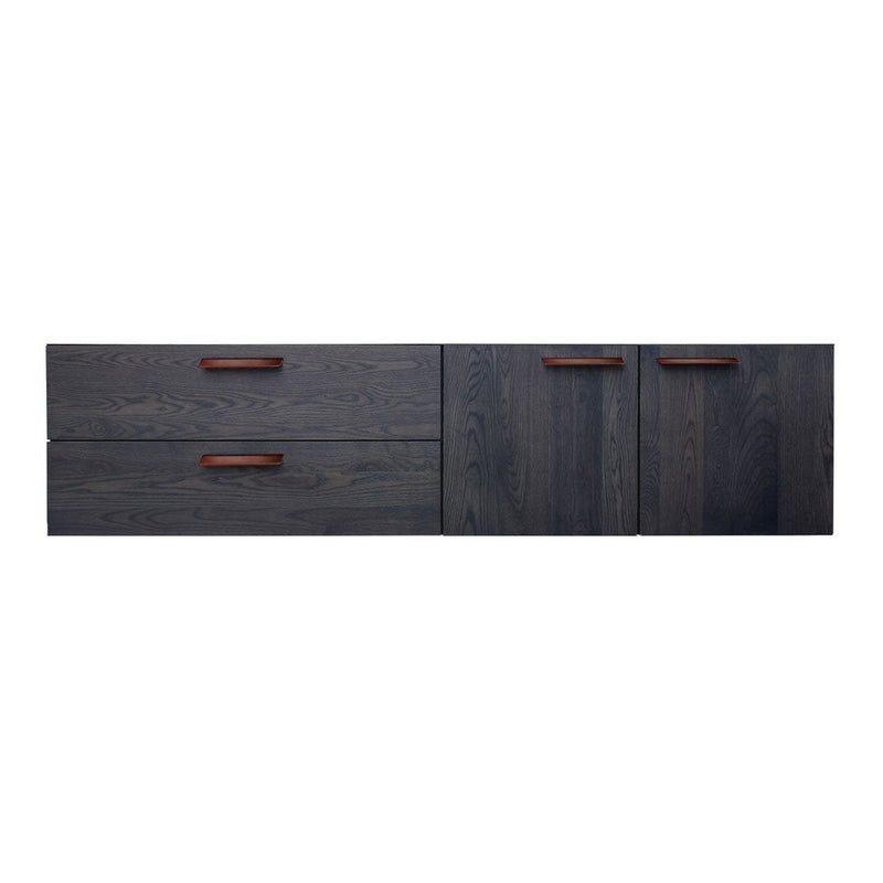 Dark gray wooden dresser with subtle grain patterns and sleek brown handles, featuring two drawers and two cabinets.