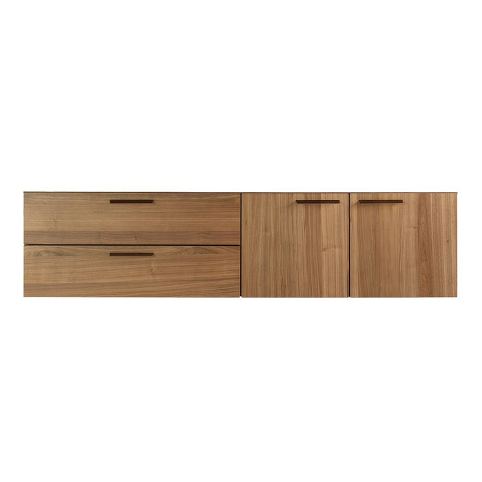 Natural wood finish with smooth textures; sleek design featuring horizontal and vertical lines.