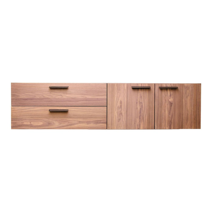 Light walnut wood finish with sleek handles; simple, modern design featuring contrasting drawer styles.
