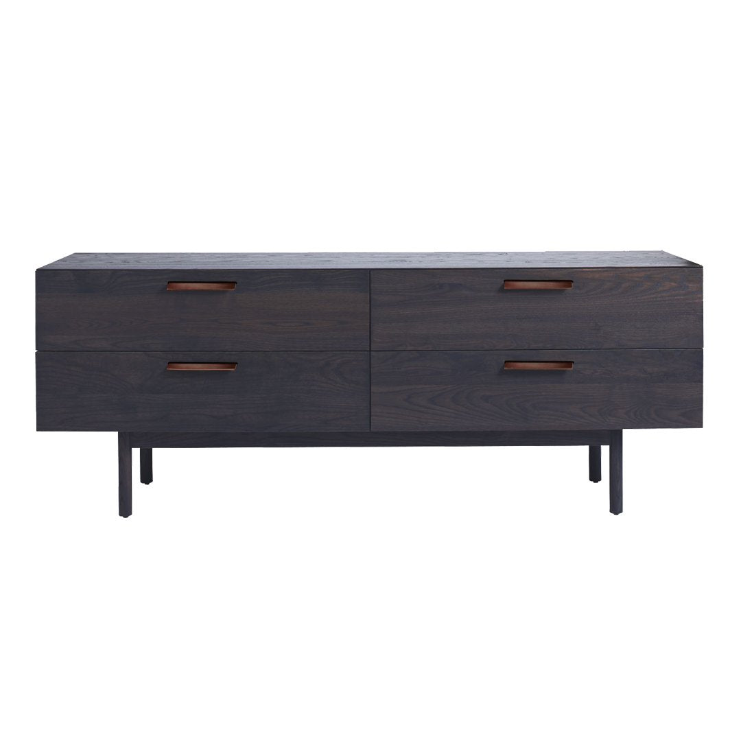 Dark wood TV stand with smooth surface and sleek design, featuring contrasting brown handles and minimalist pattern.