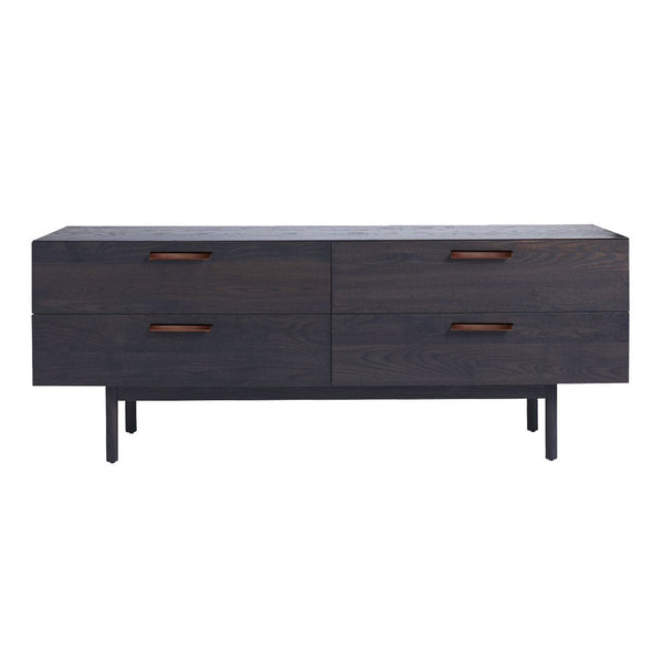 Dark wood TV stand with smooth surface and sleek design, featuring contrasting brown handles and minimalist pattern.