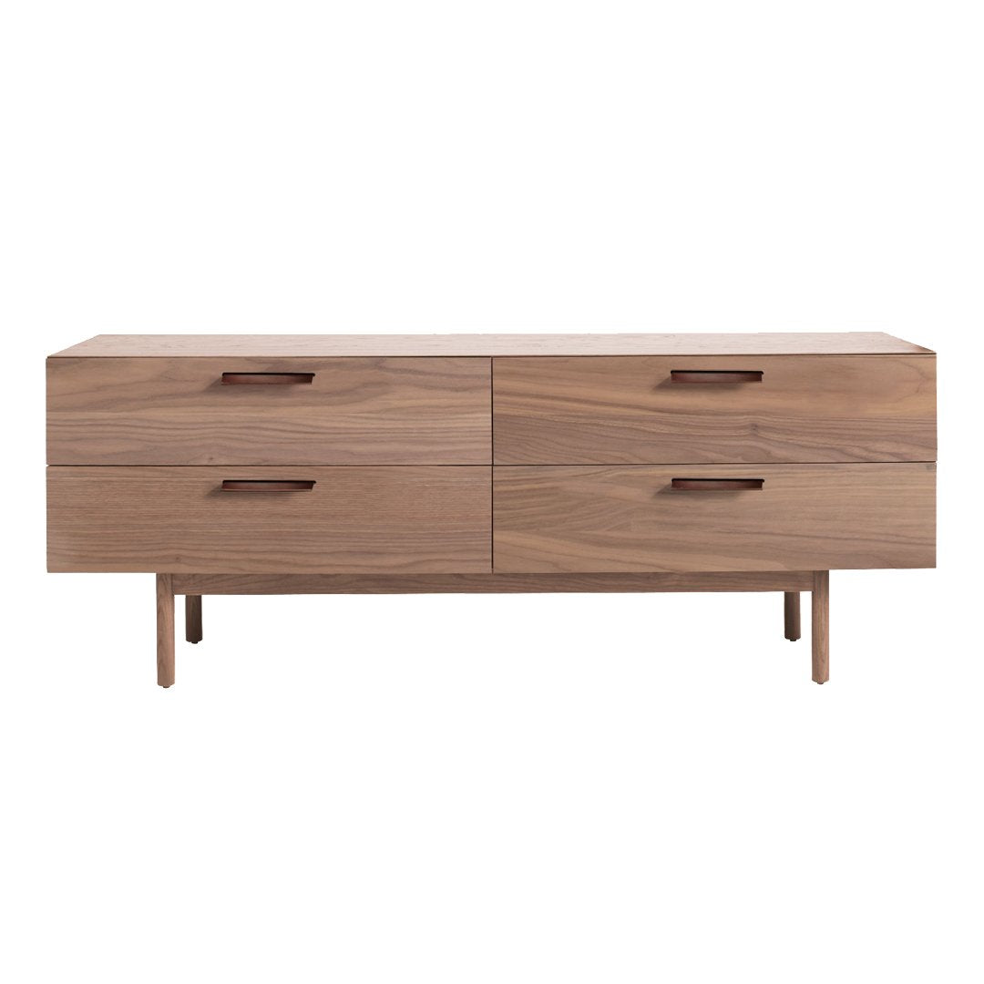 Wooden media console with a rich walnut finish and sleek, minimalist design. Featuring four drawers with simple handles.