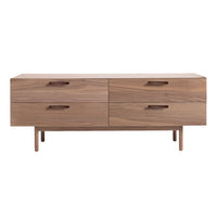 Wooden media console with a rich walnut finish and sleek, minimalist design. Featuring four drawers with simple handles.