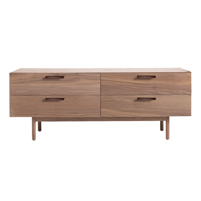 Wooden media console with a rich walnut finish and sleek, minimalist design. Featuring four drawers with simple handles.