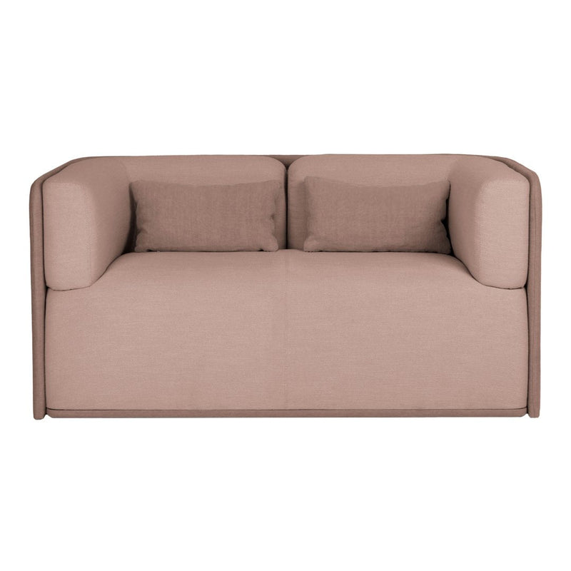 Blush pink sofa with a minimalist design and smooth fabric, featuring two matching cushions for added comfort.
