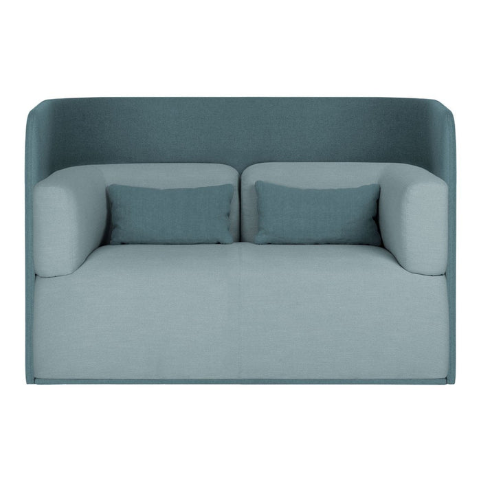Teal and light blue two-seater sofa with smooth, modern upholstery and matching accent pillows. Perfect for contemporary decor.