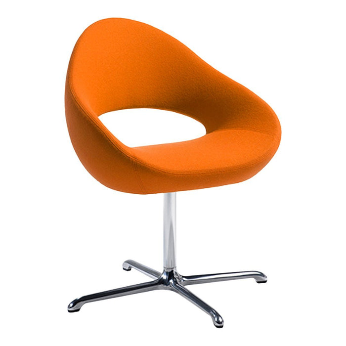 Orange fabric chair with a modern curved design and chrome base, ideal for contemporary spaces.