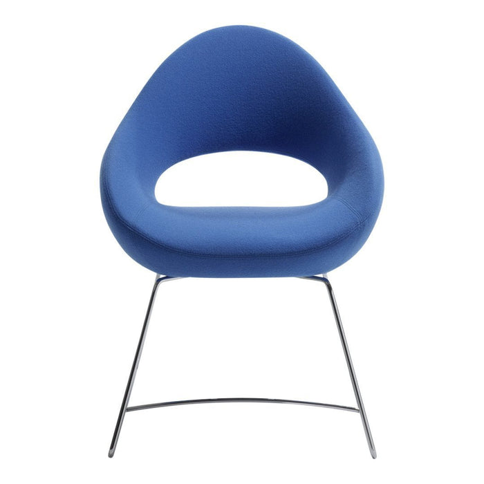 Blue ergonomic chair with a smooth, curved design and chrome legs. Ideal for modern decor.
