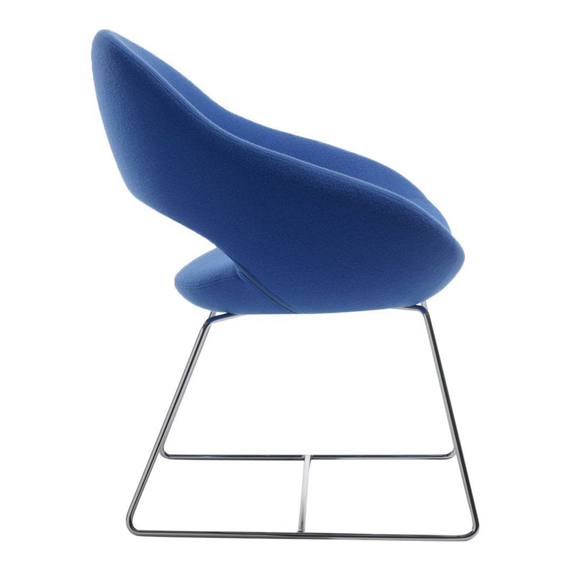 Sleek blue upholstered chair with a modern curved design and contrasting black metal base. Perfect for contemporary spaces.