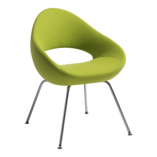 Modern chair in vibrant lime green with a smooth, curved design and sleek silver legs. Perfect for contemporary decor.