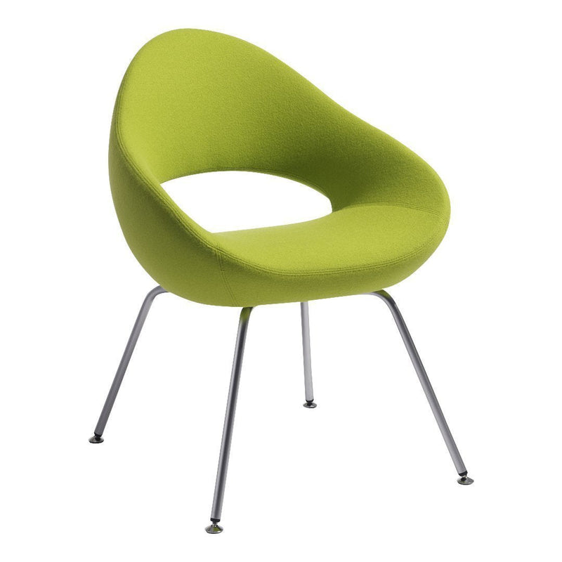 Modern chair in vibrant lime green with a smooth, curved design and sleek silver legs. Perfect for contemporary decor.