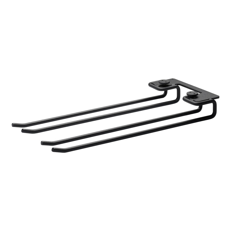 Black metal display hooks with a minimalist design and sleek finish, showcasing a simple industrial style.