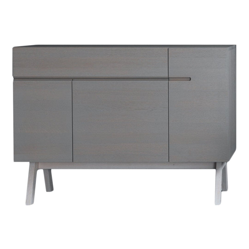 Gray wooden sideboard with a minimalist design and sleek silver handles, featuring a smooth, matte finish.