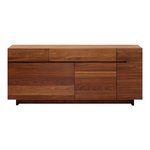 Wooden sideboard featuring a rich walnut finish with a sleek, modern design and various textured panel patterns.