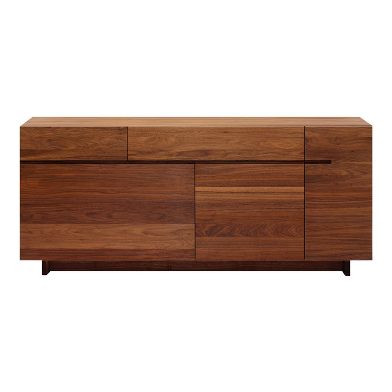 Wooden sideboard featuring a rich walnut finish with a sleek, modern design and various textured panel patterns.