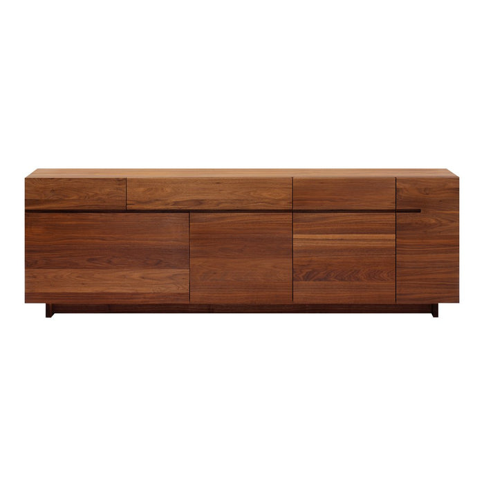 Modern walnut sideboard with a natural wood finish, featuring sleek lines and varying panel textures.
