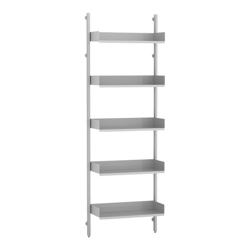 Metal shelving unit in sleek silver with five flat, uniform shelves, perfect for modern decor.