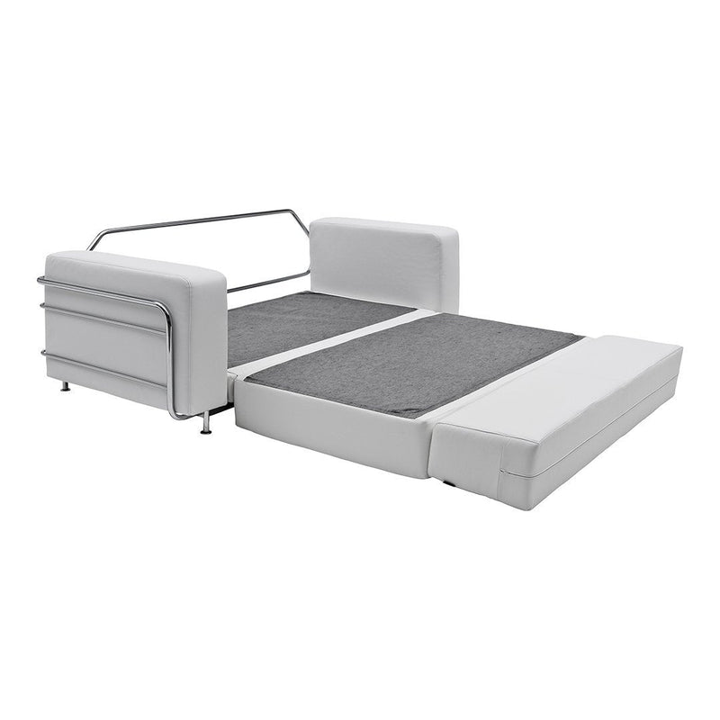 Modern white sofa bed with a sleek gray mattress and minimalistic design, featuring a smooth finish and clean lines.