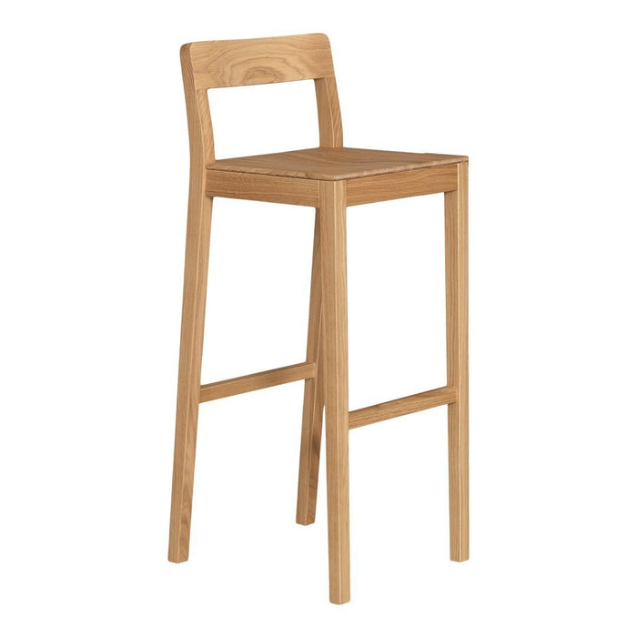 Natural oak bar stool with a smooth, light wood finish and minimalistic design. Simple and elegant.