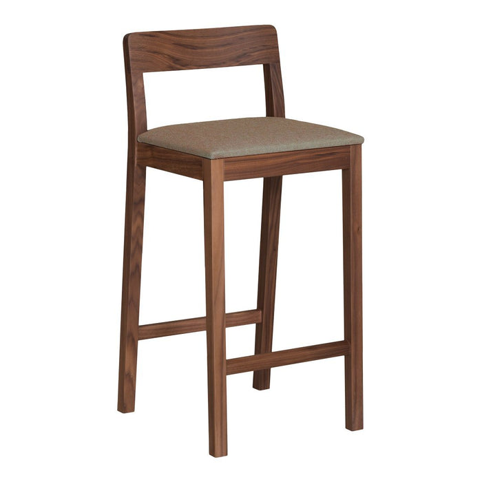 Wooden bar stool with a rich brown finish and a neutral beige padded seat for a modern, elegant look.