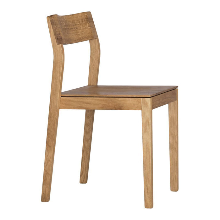 Natural wood chair in light brown finish with a simple, modern design and straight lines. Ideal for minimalist decor.