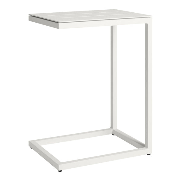 White minimalist side table with a smooth finish and clean lines, featuring a sleek metal frame.